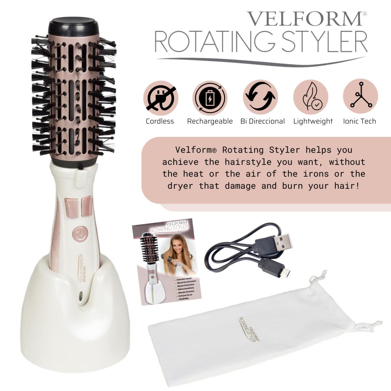 Cepillo giratorio recargable para alisar, dar volumen y brillo al cabello